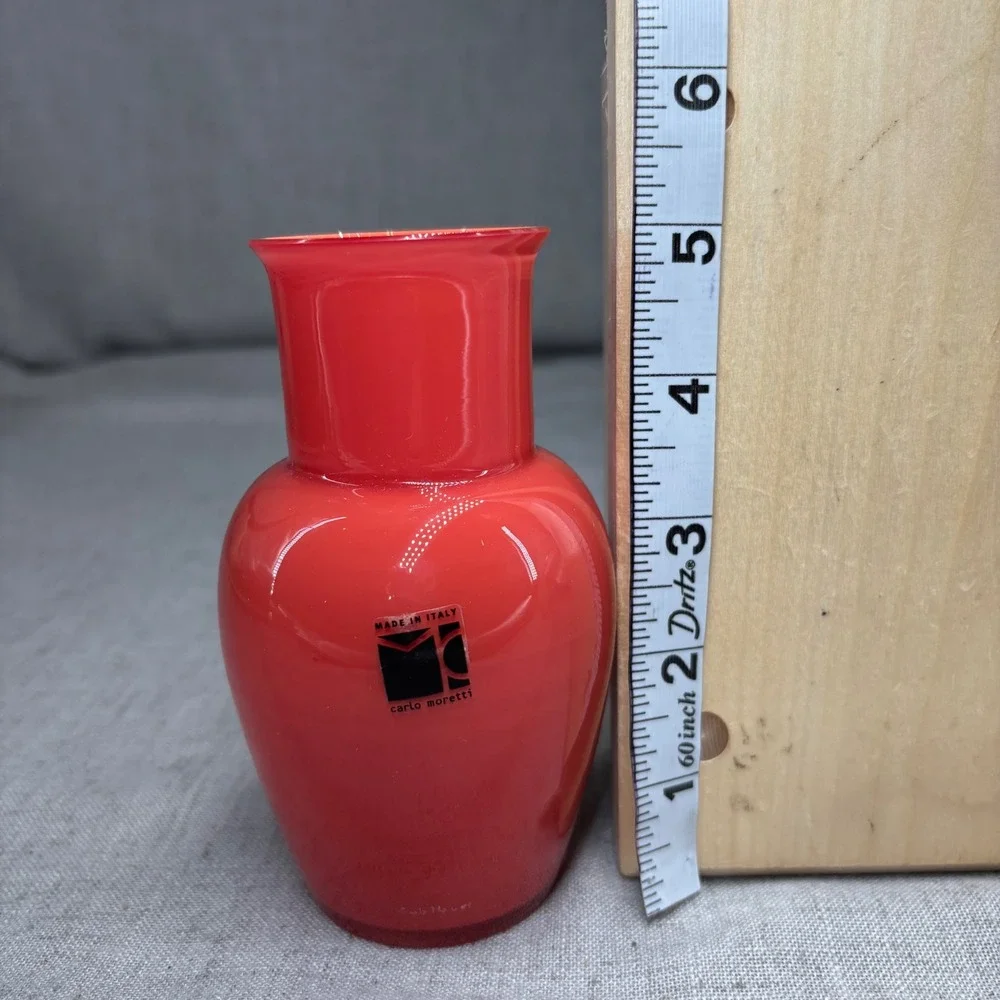 Carlo Moretti Murano Italy Orange Red Cased Glass Bud Vase MCM Signed 5